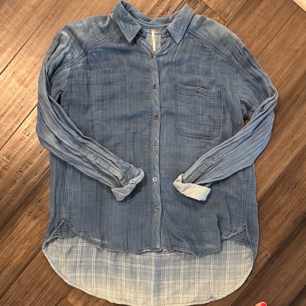 Free People Blue Button Down Shirt with Classic Collar